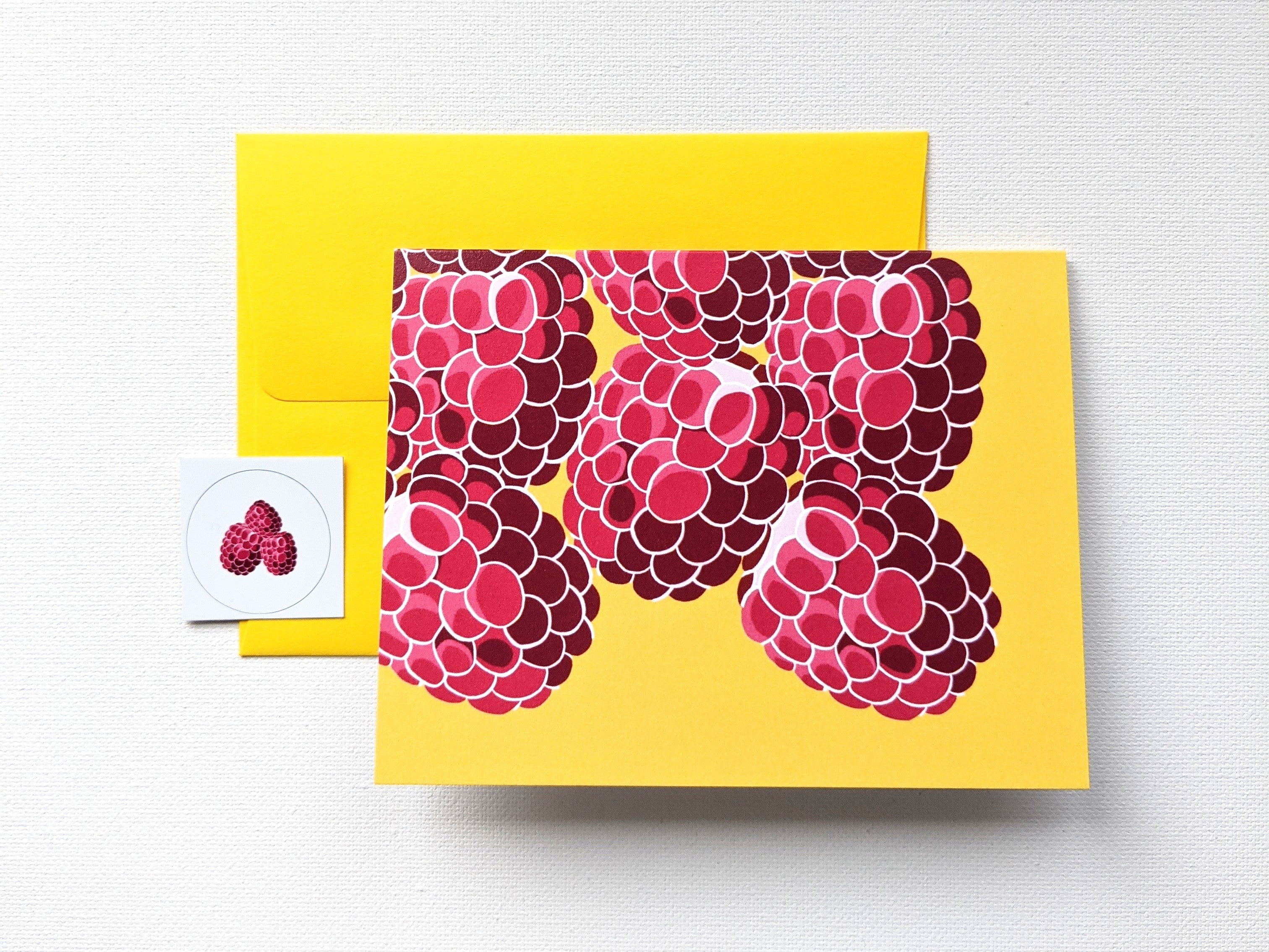 "Raspberries on Yellow" Blank Greeting Card, 4.25" x 5.5"