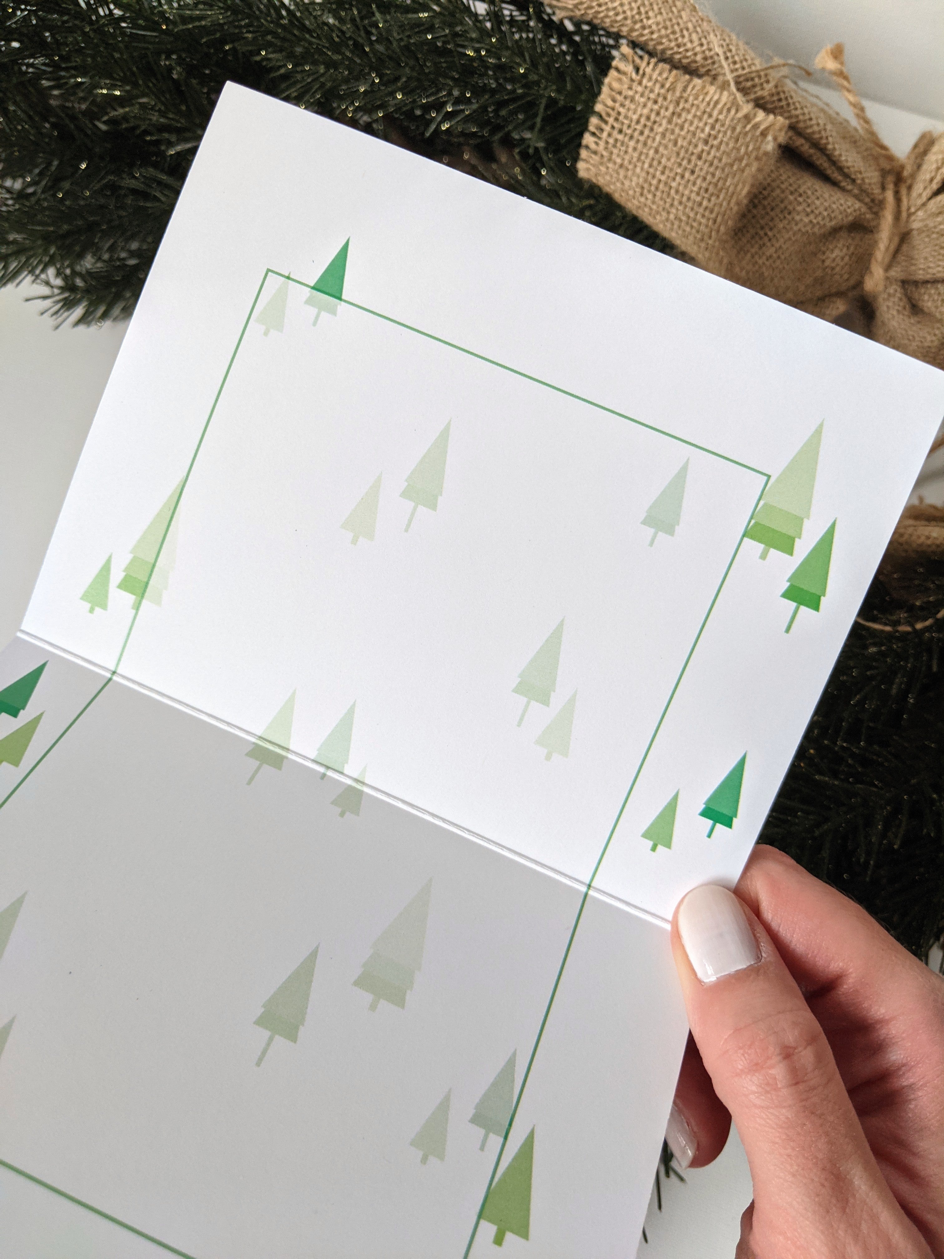 "Green Christmas Trees" Set of 6 Blank Greeting Cards, 4.25 x 5.5"