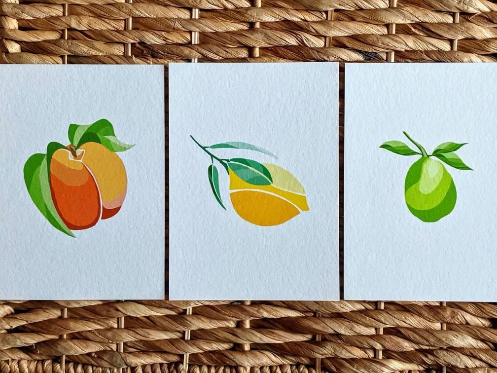 Fruit Babes Set of 3 Art Prints, Archival Fine Art Print Series, Seasonal Prints, Peach, Lime, Lemon